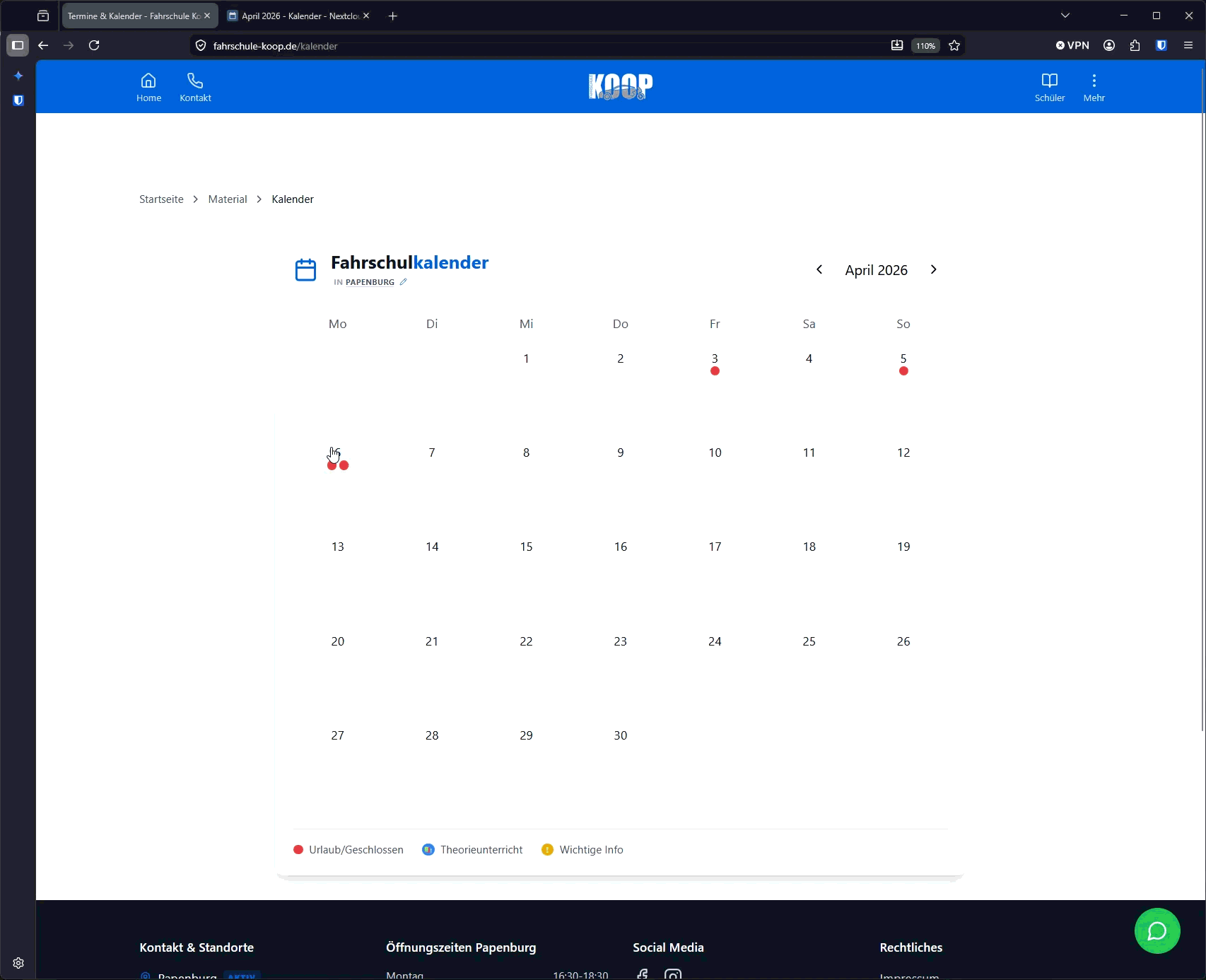 Fahrschule Kalender System